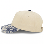 Cotton Canvas Hat specialty printed bill, Blue Toile, left side view, khaki canvas crown with khaki snapback strap