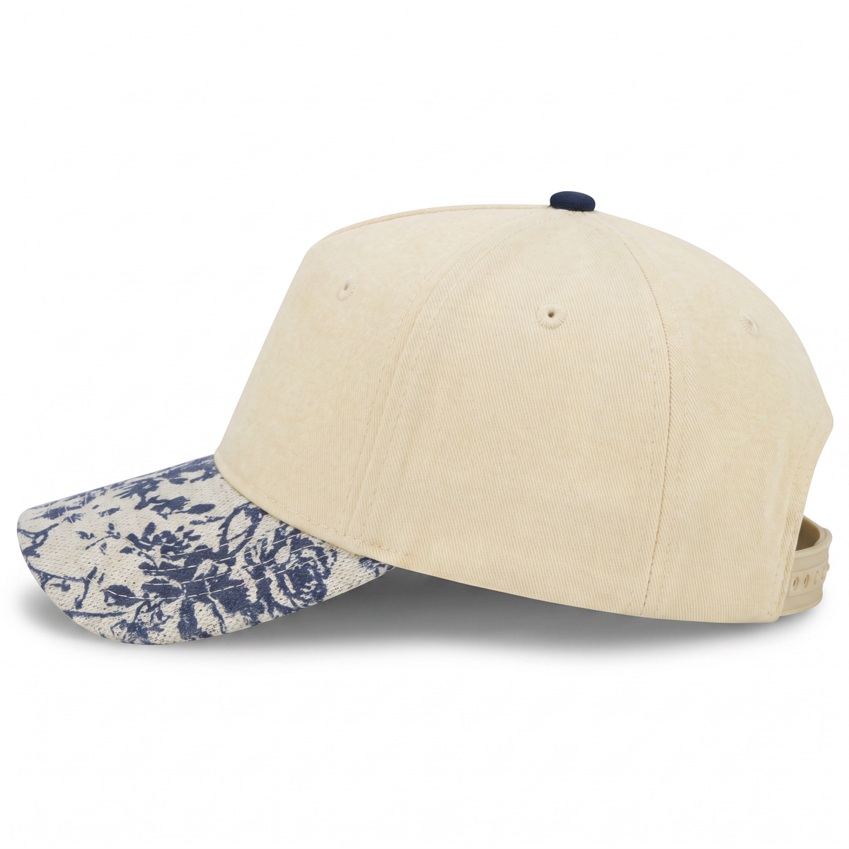Cotton Canvas Hat specialty printed bill, Blue Toile, left side view, khaki canvas crown with khaki snapback strap