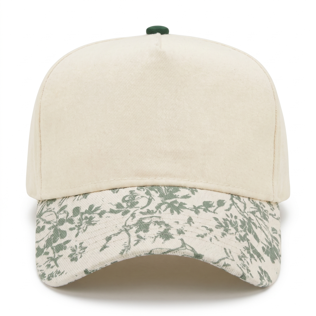 Cotton Canvas Hat specialty printed bill, Green Toile, front view, khaki canvas crown with khaki snapback strap
