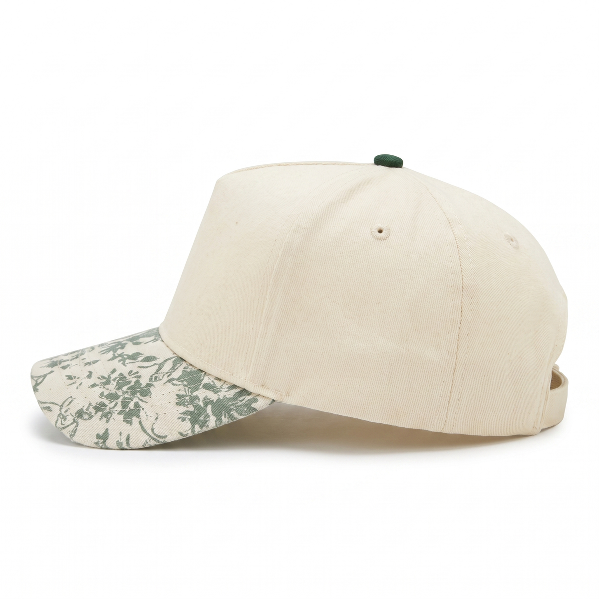 Cotton Canvas Hat specialty printed bill, Green Toile, left side view, khaki canvas crown with khaki snapback strap