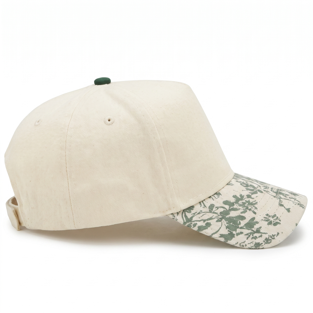 Cotton Canvas Hat specialty printed bill, Green Toile, right side view, khaki canvas crown with khaki snapback strap