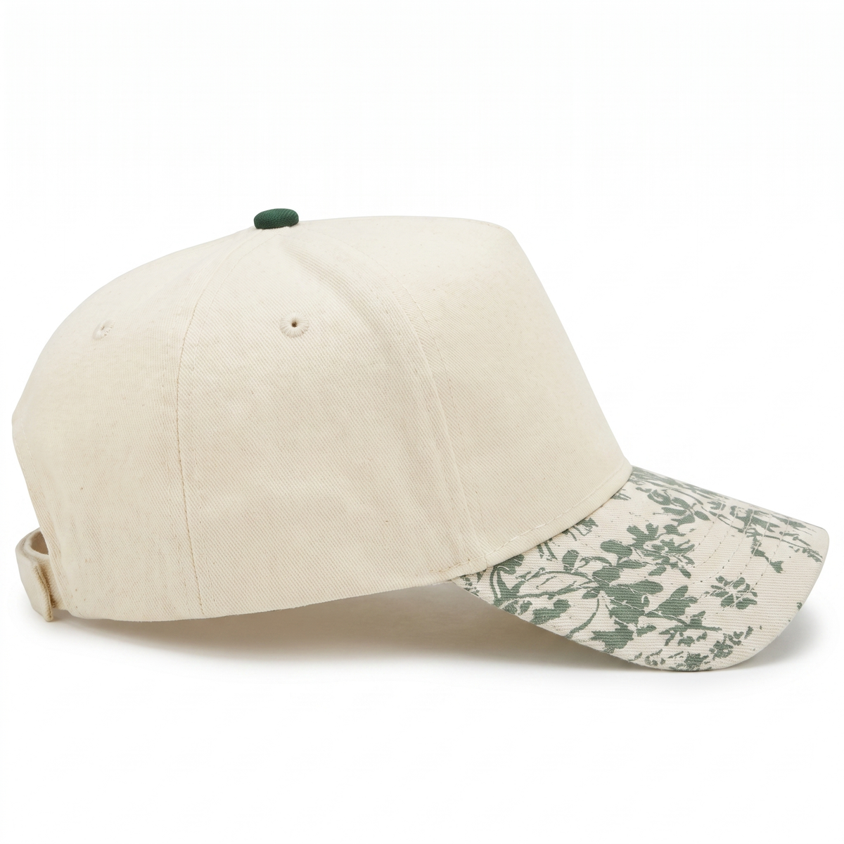 Cotton Canvas Hat specialty printed bill, Green Toile, right side view, khaki canvas crown with khaki snapback strap