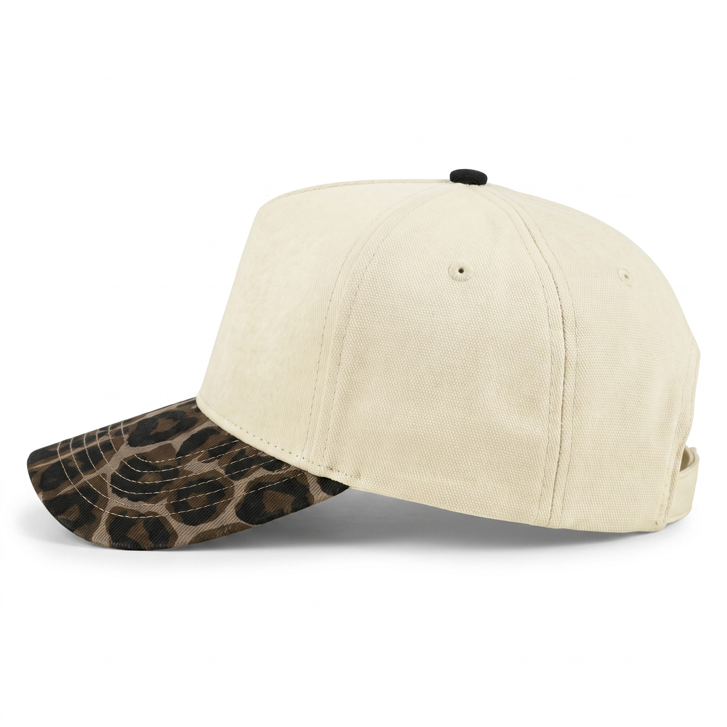 Cotton Canvas Hat specialty printed bill, Leopard Bill, left side view, khaki canvas crown with khaki snapback strap