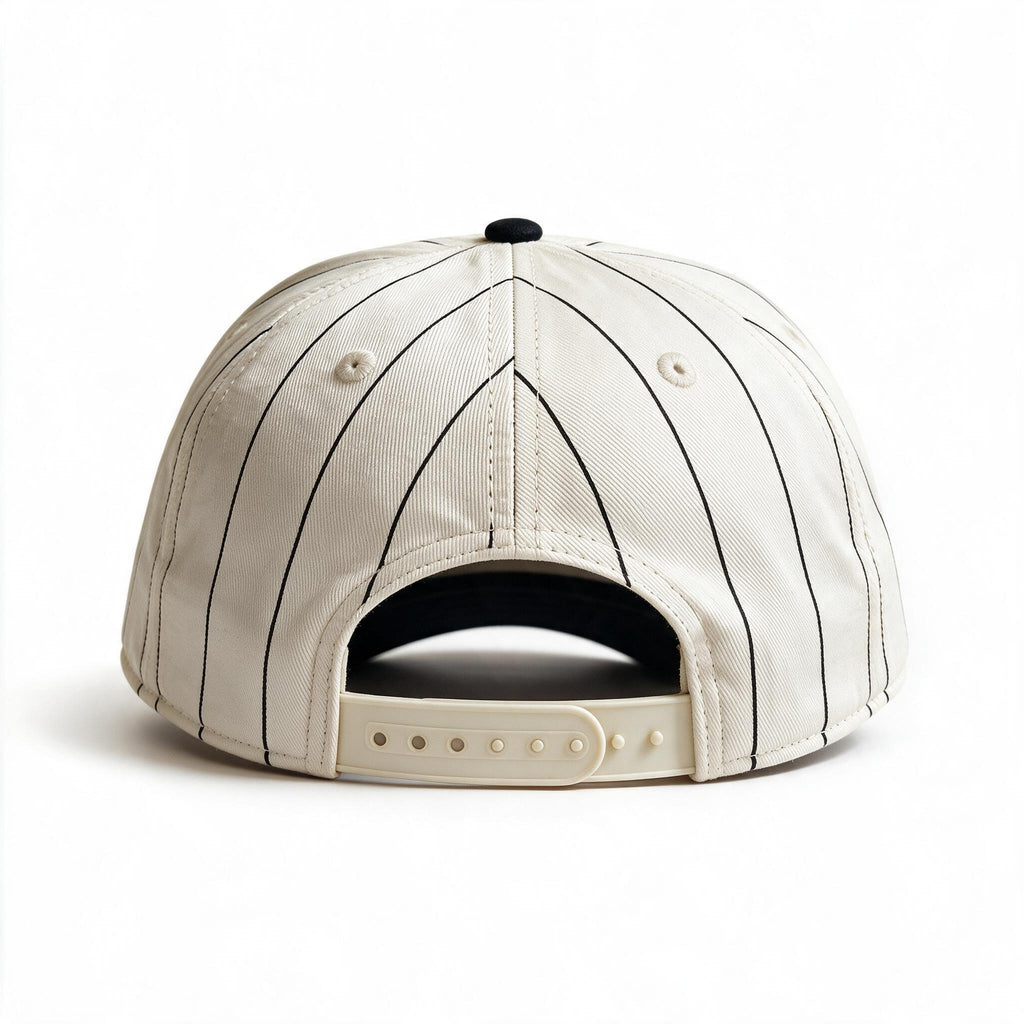 Cotton Canvas Hat specialty print, Black Pinstripe, back view, plain cream plastic snapback strap