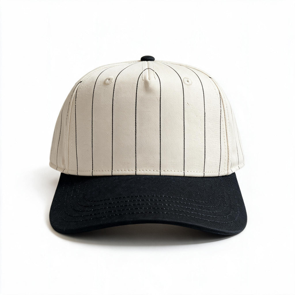 Cotton Canvas Hat specialty print, Black Pinstripe, front view, cream canvas snapback strap