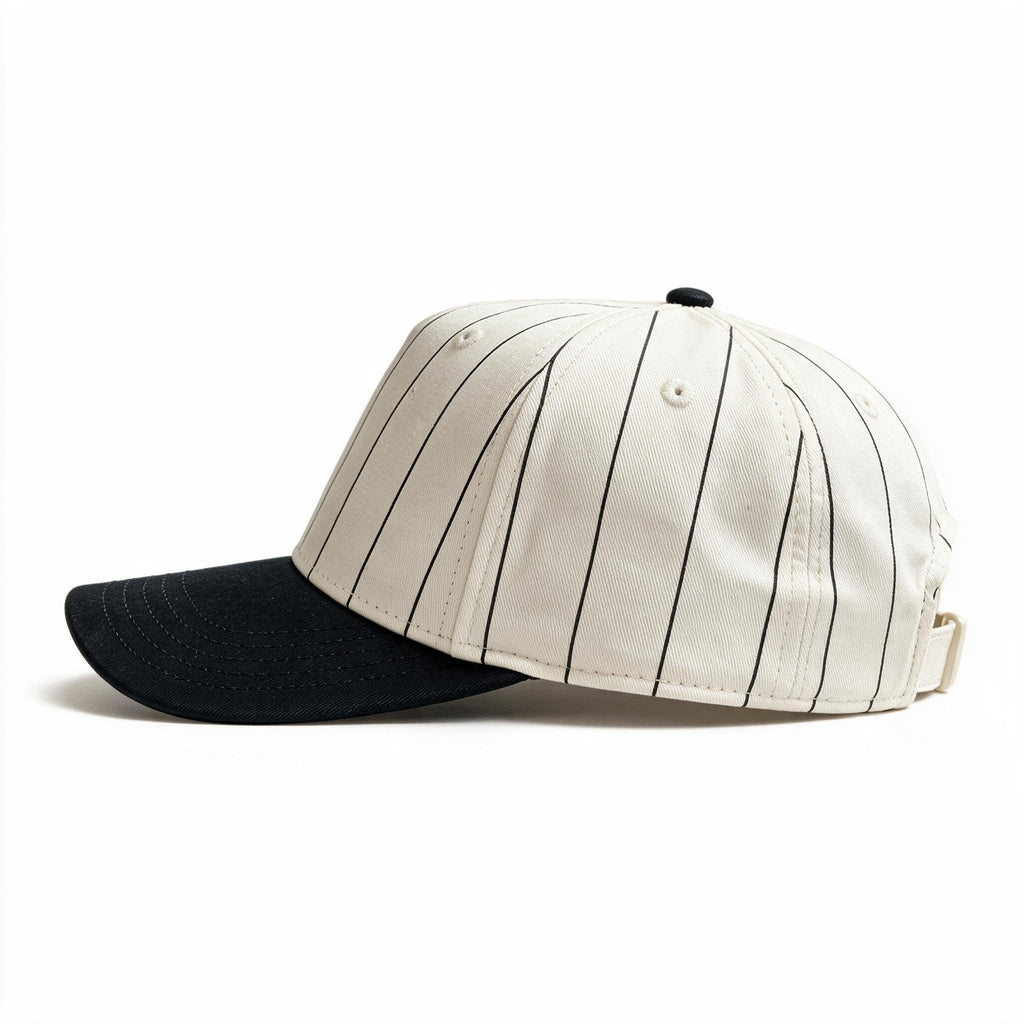 Cotton Canvas Hat specialty print, Black Pinstripe, left side view, cream canvas snapback strap