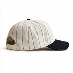 Cotton Canvas Hat specialty print, Black Pinstripe, right side view, plain cream plastic snapback strap