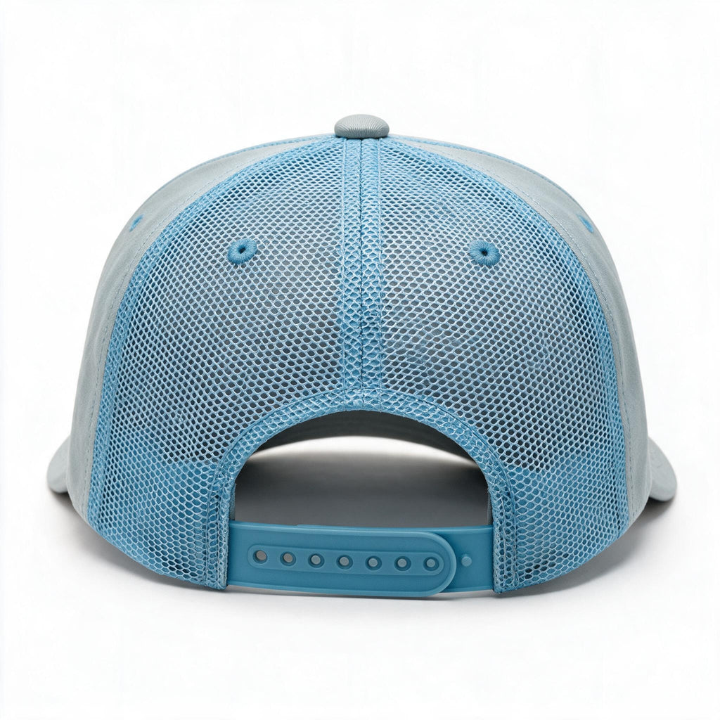 Cotton Canvas Hat specialty print, Blue Mesh, back view, light blue mesh rear panels and blue snapback strap