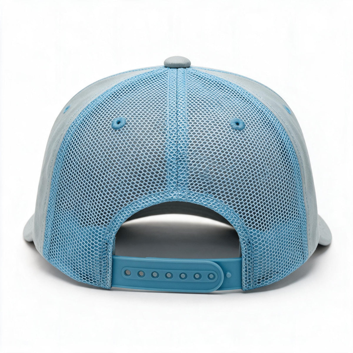 Cotton Canvas Hat specialty print, Blue Mesh, back view, light blue mesh rear panels and blue snapback strap