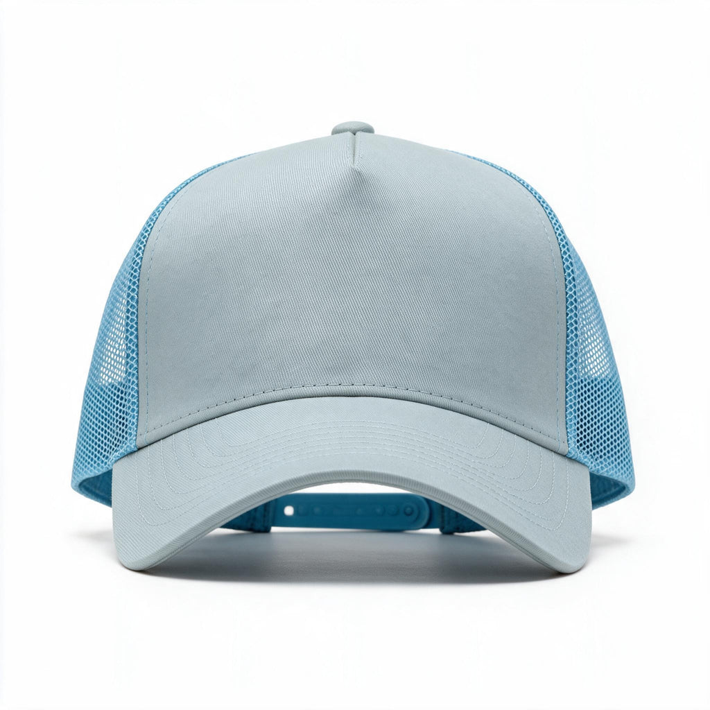 Cotton Canvas Hat specialty print, Blue Mesh, front view, pale grey canvas front with light blue mesh rear panels and blue snapback strap