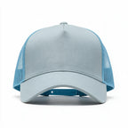Cotton Canvas Hat specialty print, Blue Mesh, front view, pale grey canvas front with light blue mesh rear panels and blue snapback strap