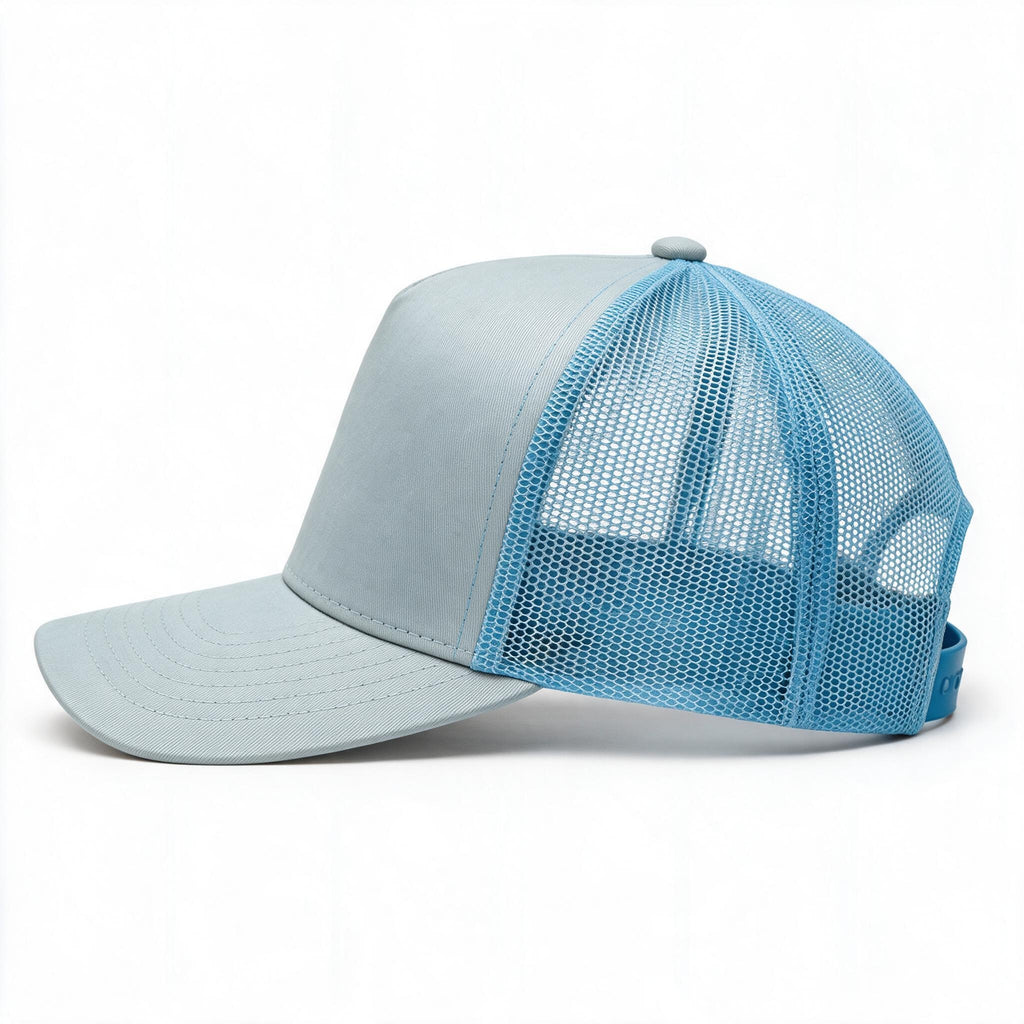 Cotton Canvas Hat specialty print, Blue Mesh, left side view, light blue mesh rear panels and blue snapback strap