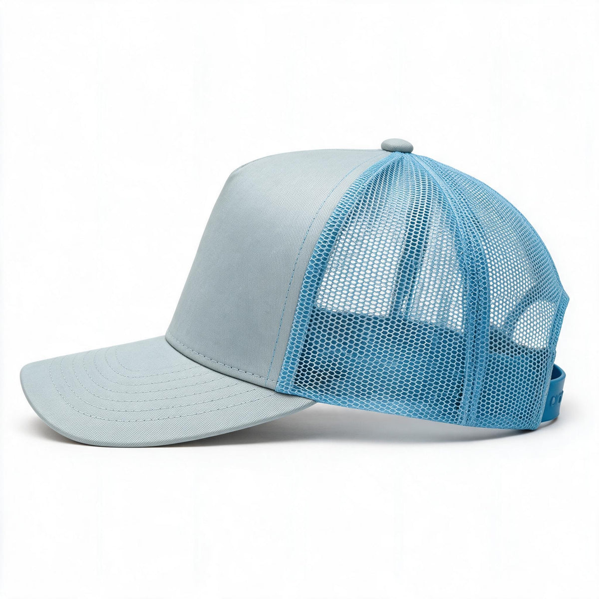 Cotton Canvas Hat specialty print, Blue Mesh, left side view, light blue mesh rear panels and blue snapback strap