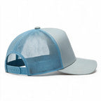 Cotton Canvas Hat specialty print, Blue Mesh, right side view, plain blue plastic snapback strap