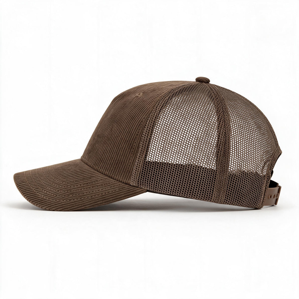 Cotton Canvas Hat specialty print, Brown Corduroy, left side view, brown mesh rear panels and brown snapback strap
