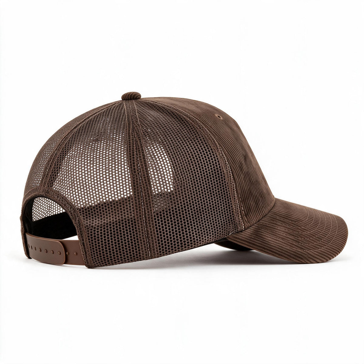 Cotton Canvas Hat specialty print, Brown Corduroy, right side view, plain brown plastic snapback strap