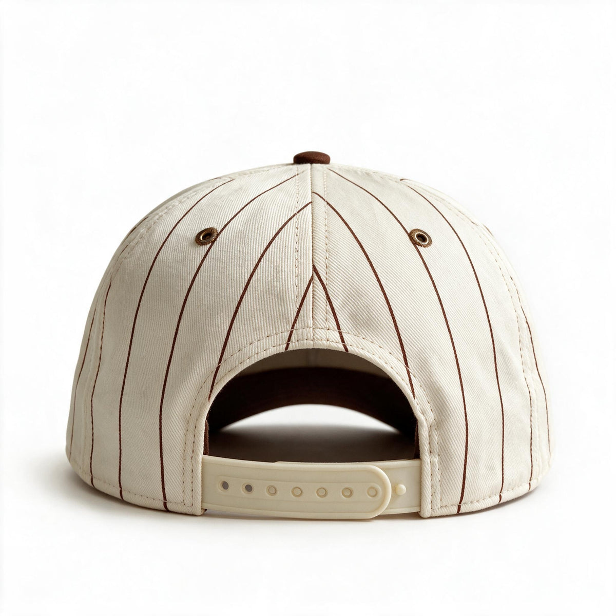 Cotton Canvas Hat specialty print, Brown Pinstripe, back view, cream canvas snapback strap
