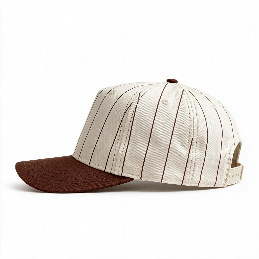 Cotton Canvas Hat specialty print, Brown Pinstripe, left side view, cream canvas snapback strap