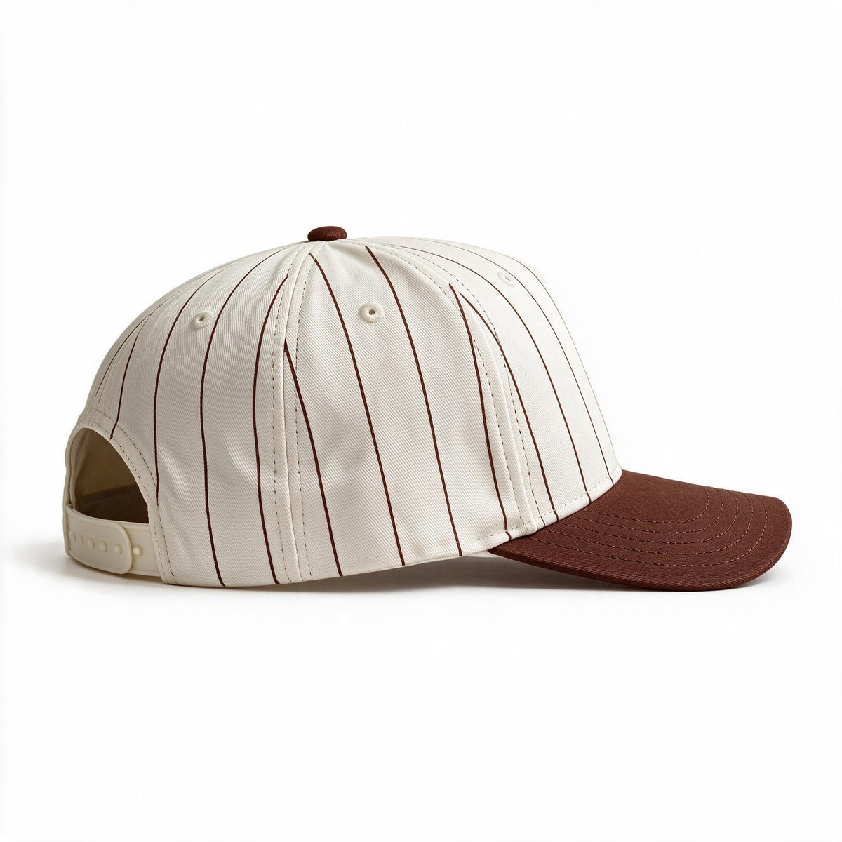 Cotton Canvas Hat specialty print, Brown Pinstripe, right side view, plain cream plastic snapback strap