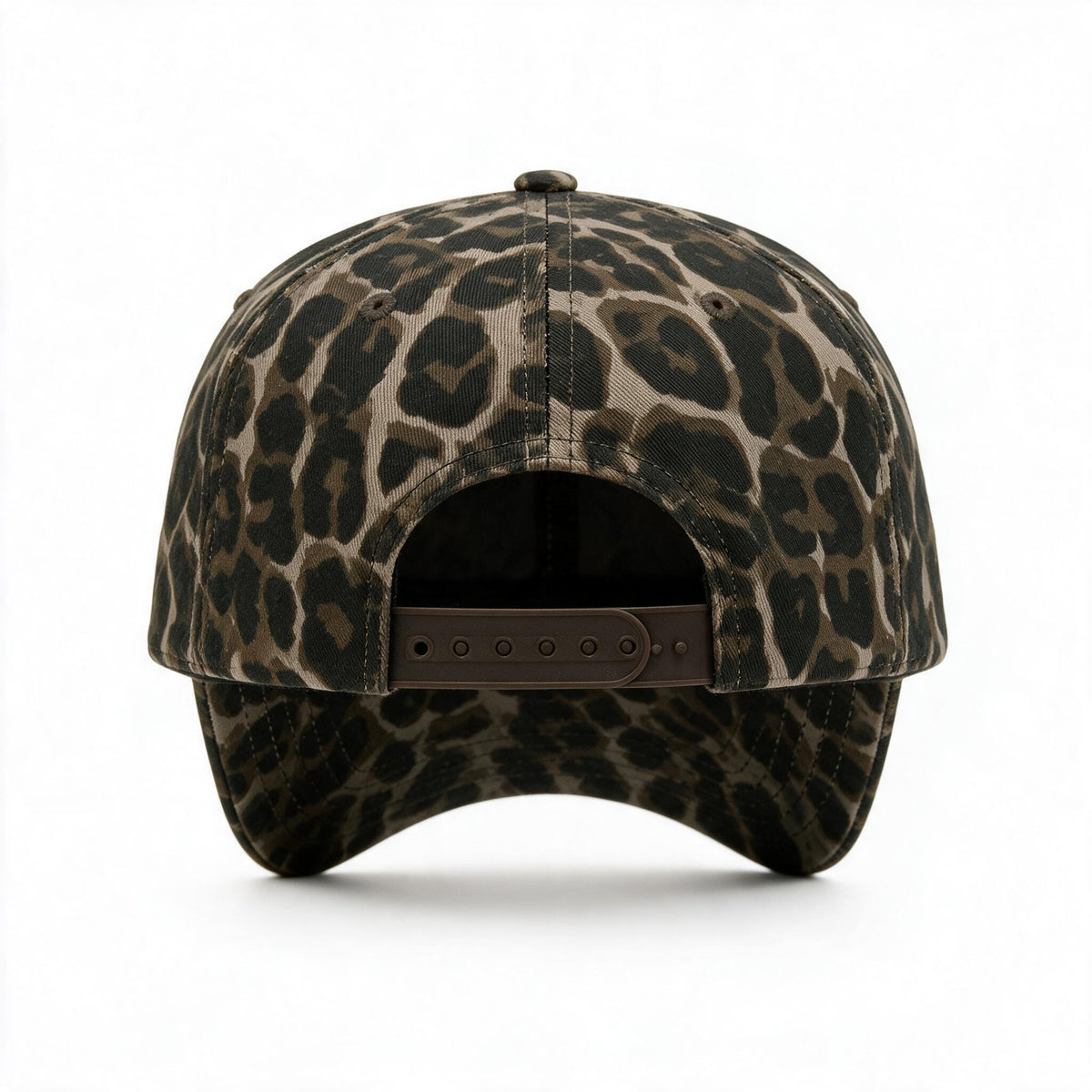 Cotton Canvas Hat specialty print, Cheetah All Over, back view, dark brown snapback strap