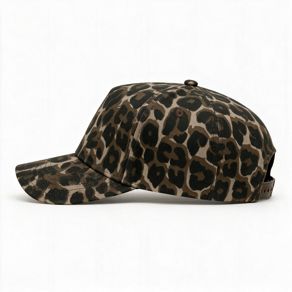 Cotton Canvas Hat specialty print, Cheetah All Over, left side view, dark brown snapback strap