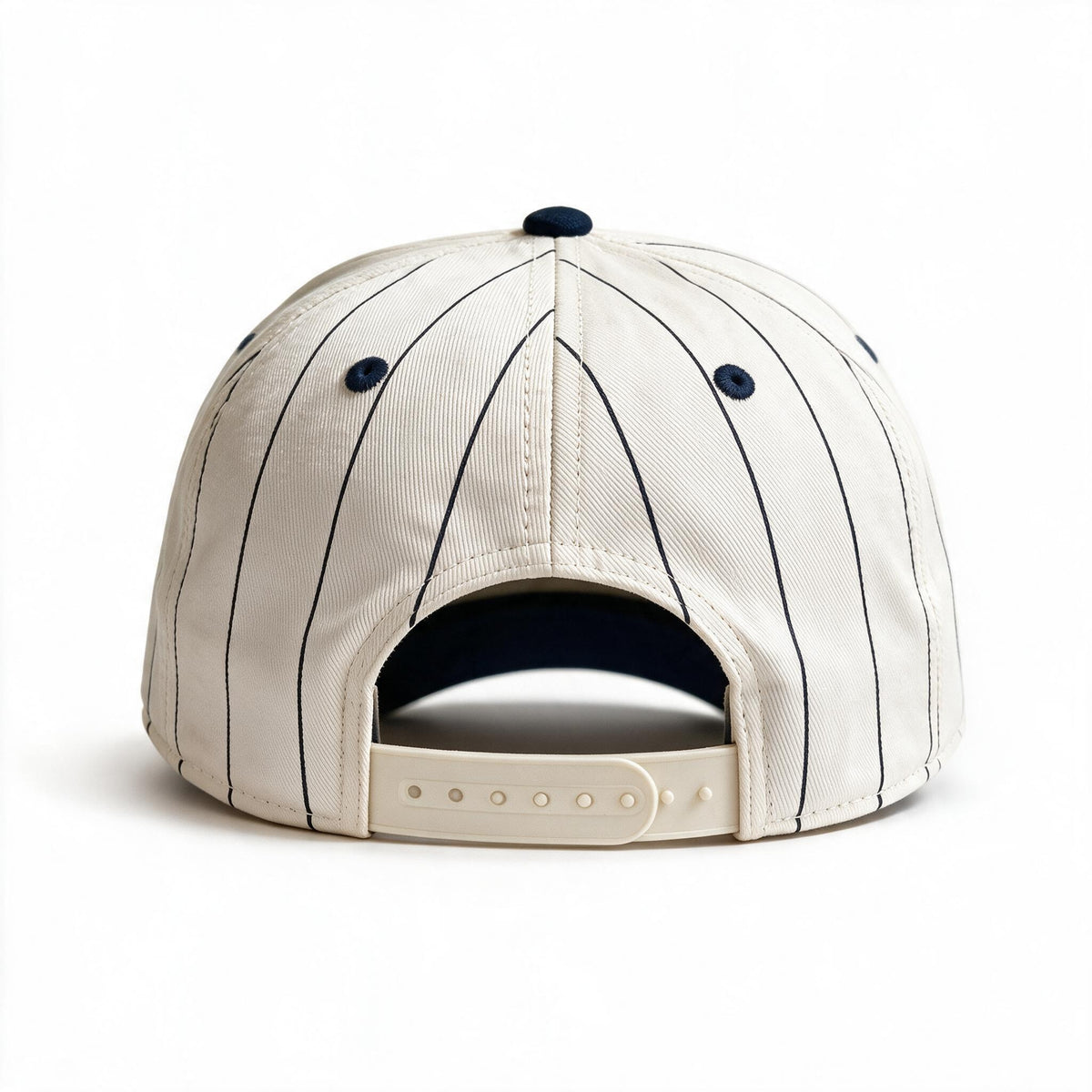 Cotton Canvas Hat specialty print, Navy Pinstripe, back view, plain cream plastic snapback strap