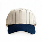 Cotton Canvas Hat specialty print, Navy Pinstripe, front view, cream canvas snapback strap