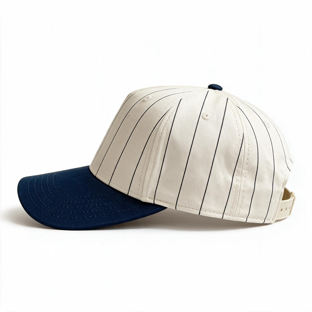 Cotton Canvas Hat specialty print, Navy Pinstripe, left side view, cream canvas snapback strap