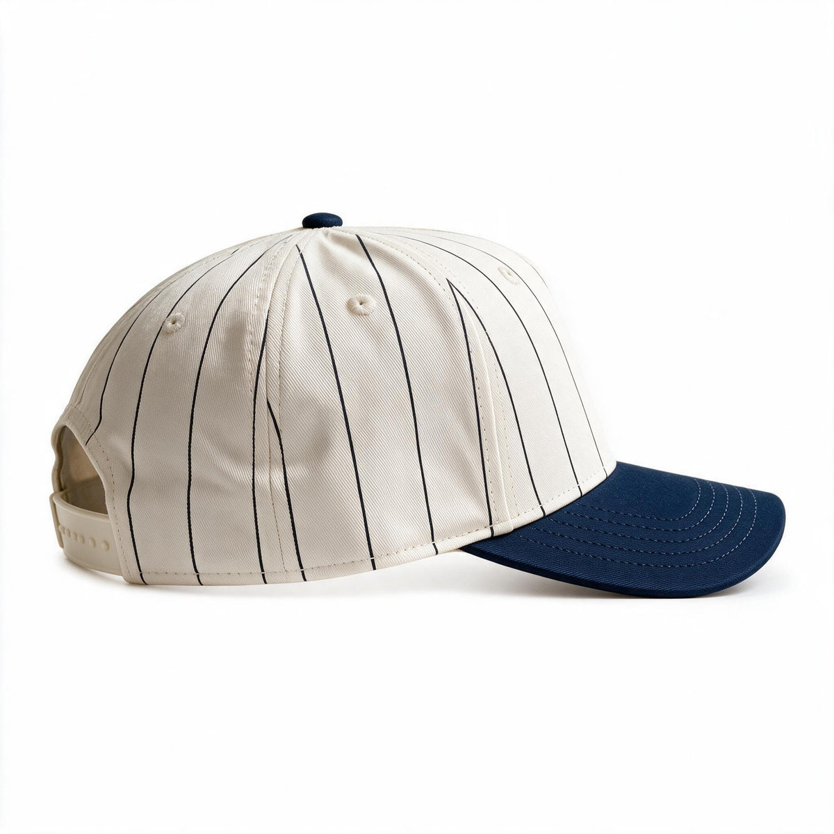 Cotton Canvas Hat specialty print, Navy Pinstripe, right side view, plain cream plastic snapback strap