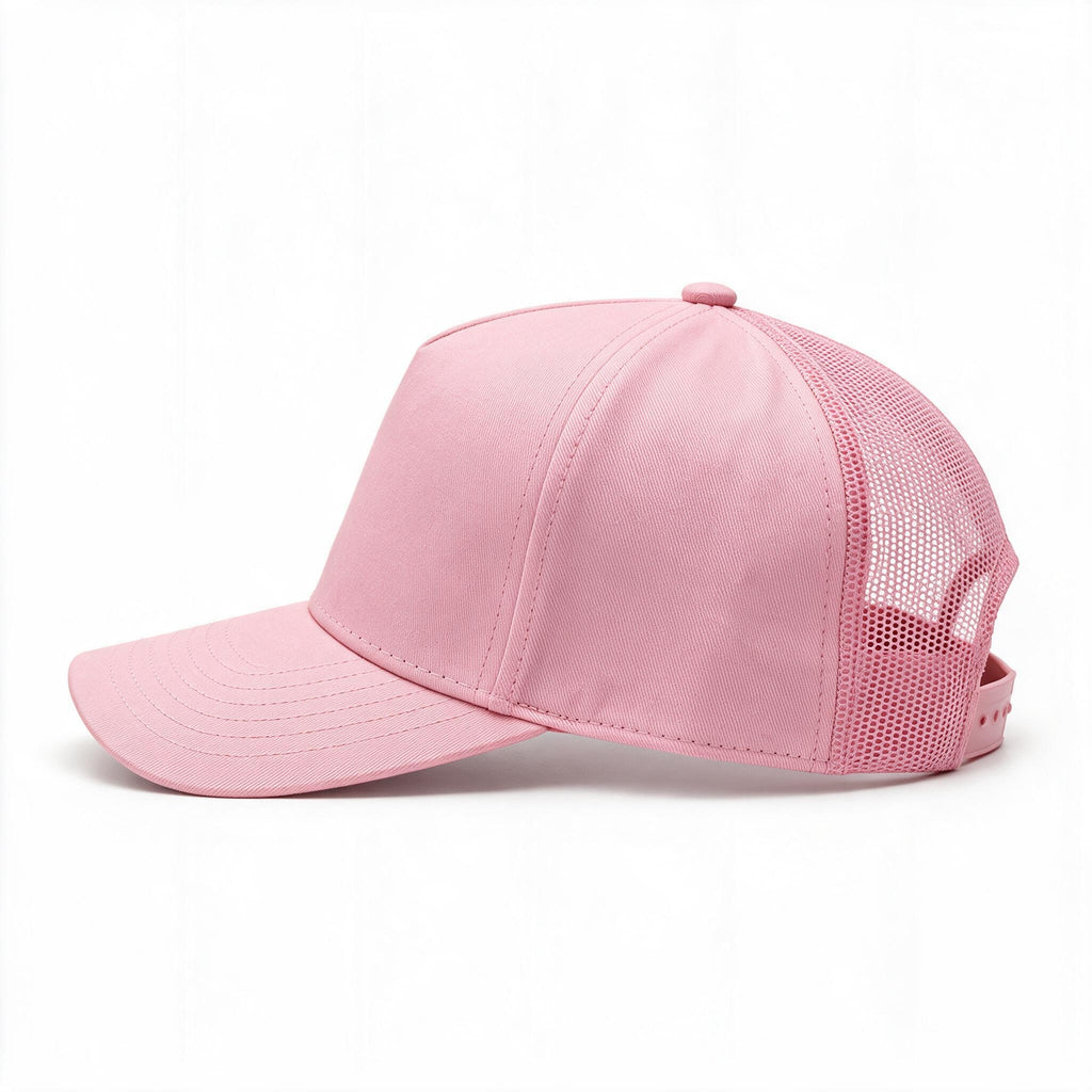 Cotton Canvas Hat specialty print, Pink Mesh, left side view, pink mesh rear panels and pink snapback strap