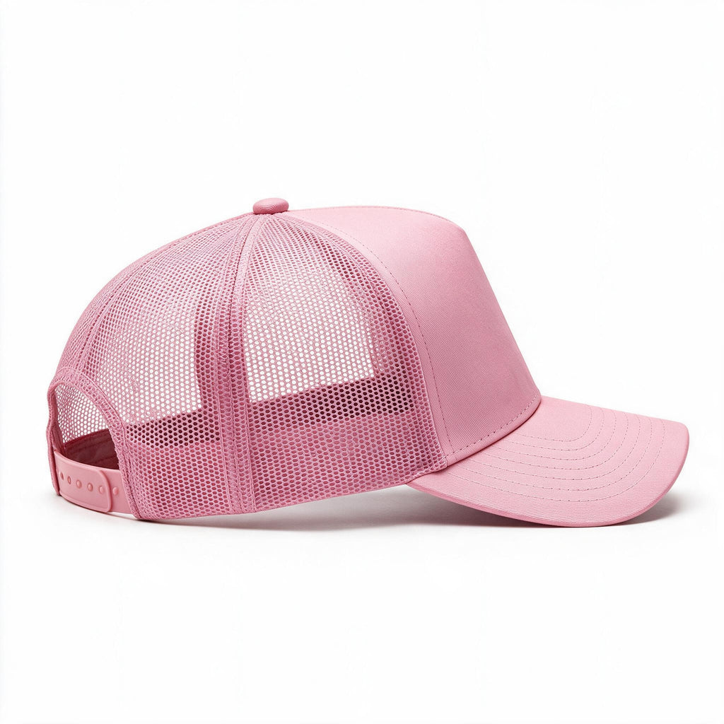 Cotton Canvas Hat specialty print, Pink Mesh, right side view, plain pink plastic snapback strap