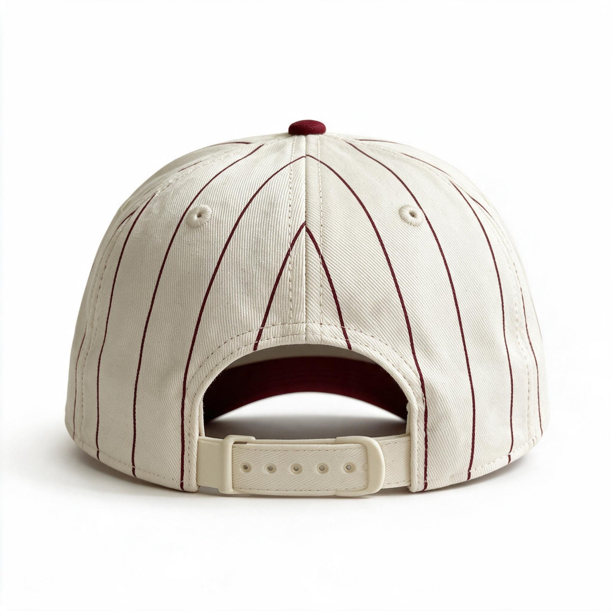 Cotton Canvas Hat specialty print, Red Pinstripe, back view, cream canvas snapback strap