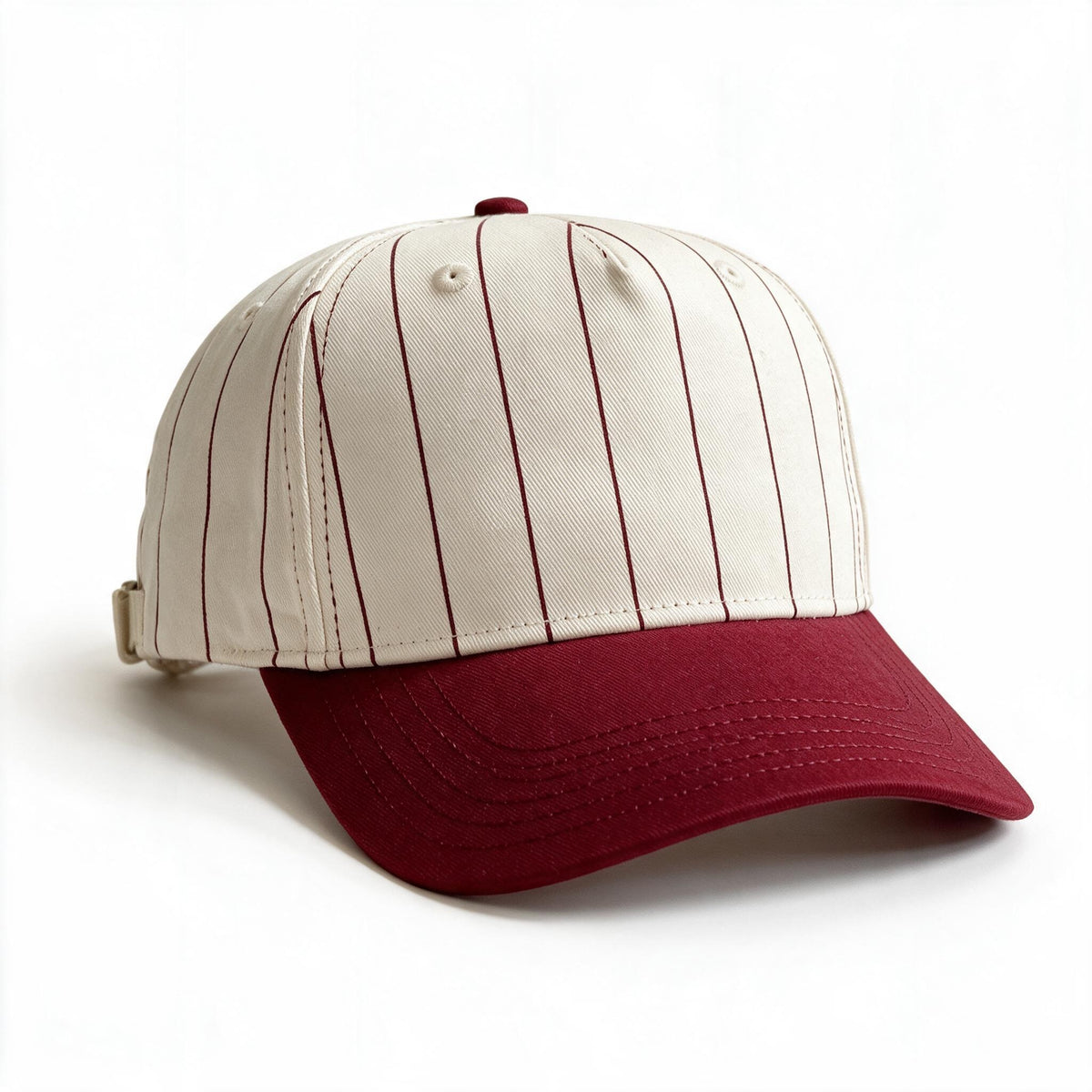 Cotton Canvas Hat specialty print, Red Pinstripe, front view, cream canvas snapback strap