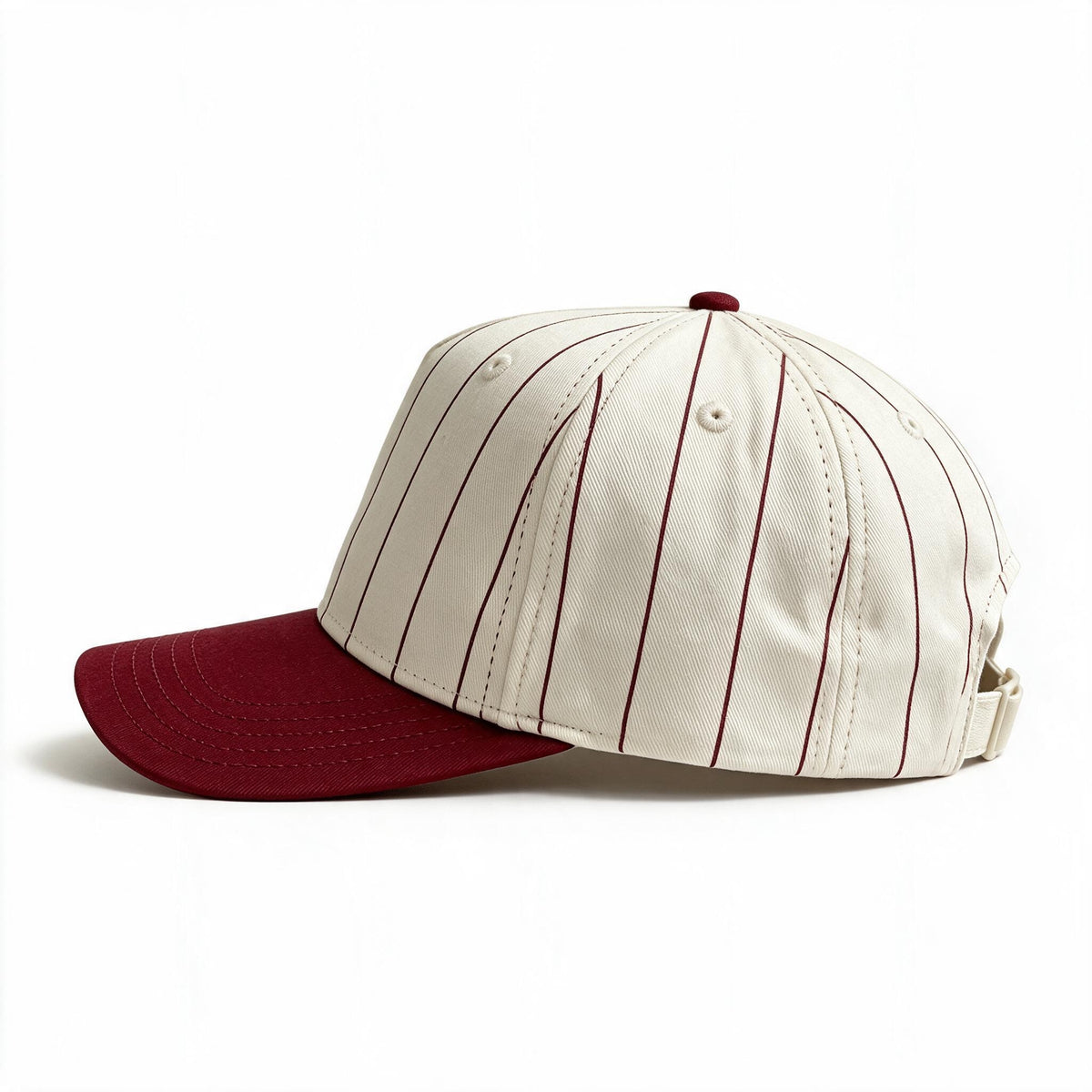 Cotton Canvas Hat specialty print, Red Pinstripe, left side view, cream canvas snapback strap