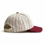 Cotton Canvas Hat specialty print, Red Pinstripe, right side view, plain cream plastic snapback strap