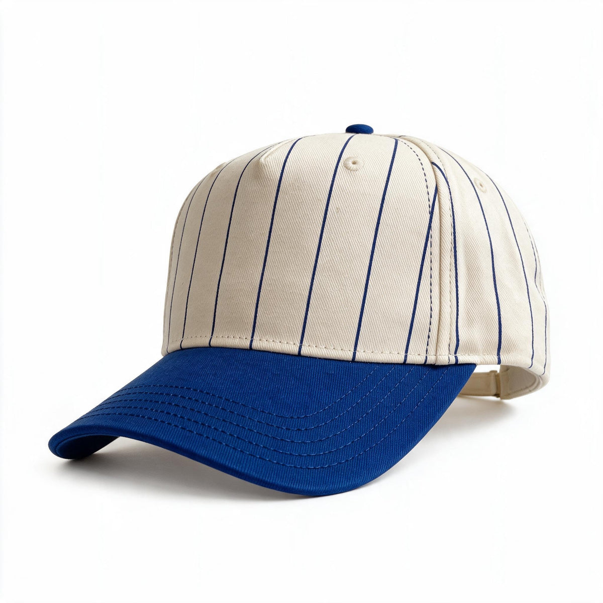 Cotton Canvas Hat specialty print, Royal Blue Pinstripe, front view, cream canvas snapback strap