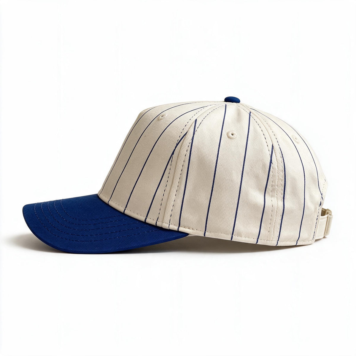 Cotton Canvas Hat specialty print, Royal Blue Pinstripe, left side view, cream canvas snapback strap