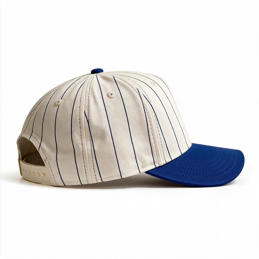 Cotton Canvas Hat specialty print, Royal Blue Pinstripe, right side view, plain cream plastic snapback strap